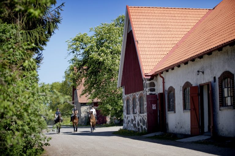 Ekipage på väg förbi stallbyggnaden.