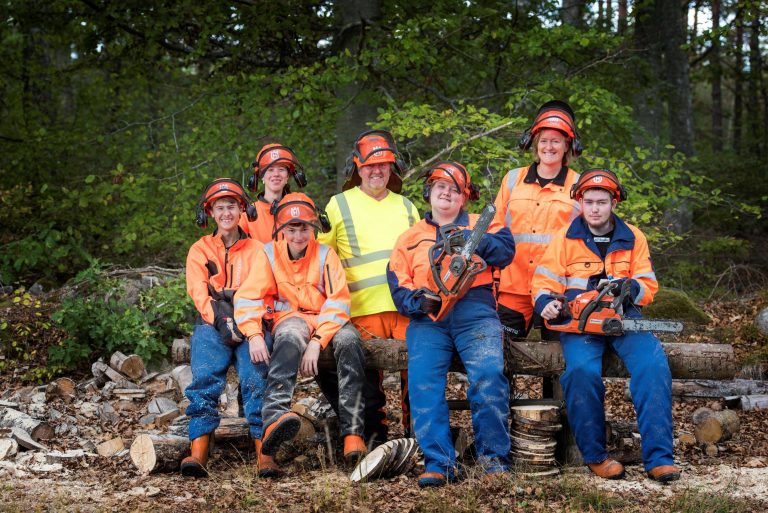 Några elever i västar och hjälmar sitter på några trästockar ute i skogen.