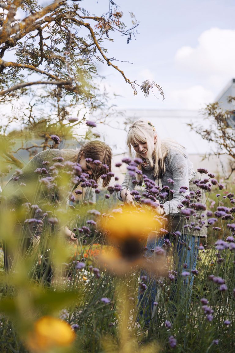 Två elever plockar blommor i grönskande trädgård.