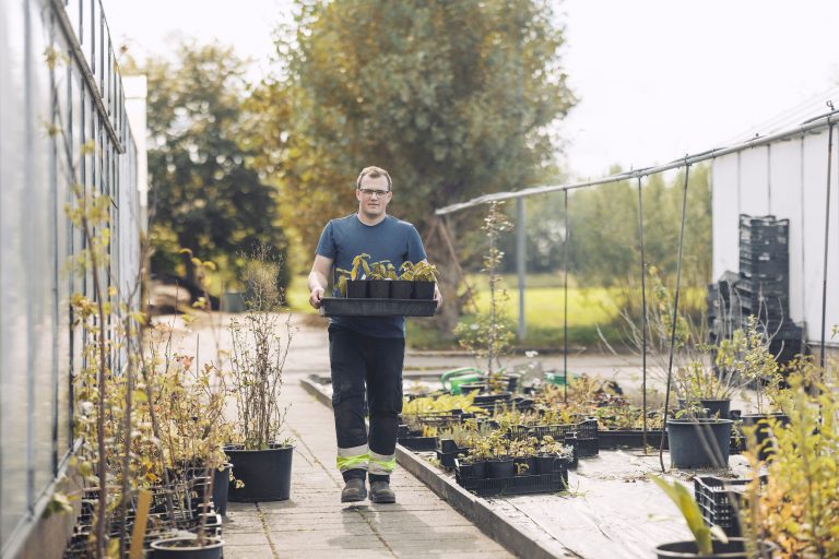 En elev bär krukor med perenner som ska sättas ut i plantskolan.