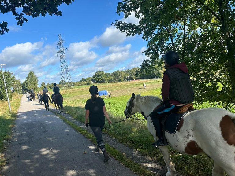 Några elever på ridtur ute i naturen.