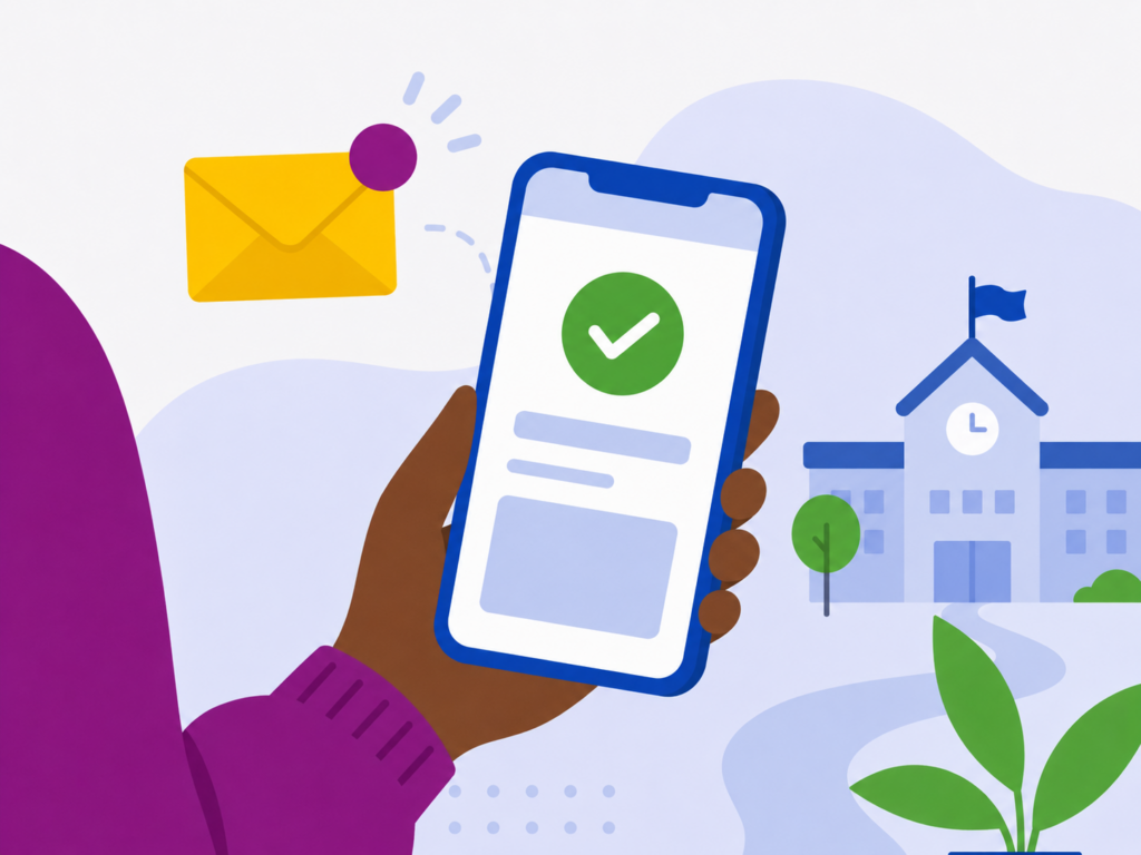 Illustration av en mobiltelefon med ett bekräftat besked och en skolbyggnad i bakgrunden.