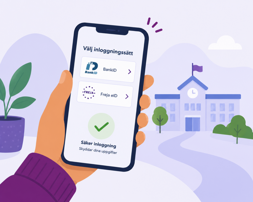 Illustration av en mobiltelefon med e-legitimation för inloggning till gymnasievalet. En skolbyggnad syns i bakgrunden.