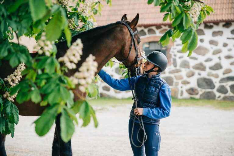 Elev med skolhäst myser på innergården vid vårt vackra stenstall
